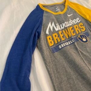 Nike Gray Brewers Raglan Tee with Blue and Yellow Sleeves